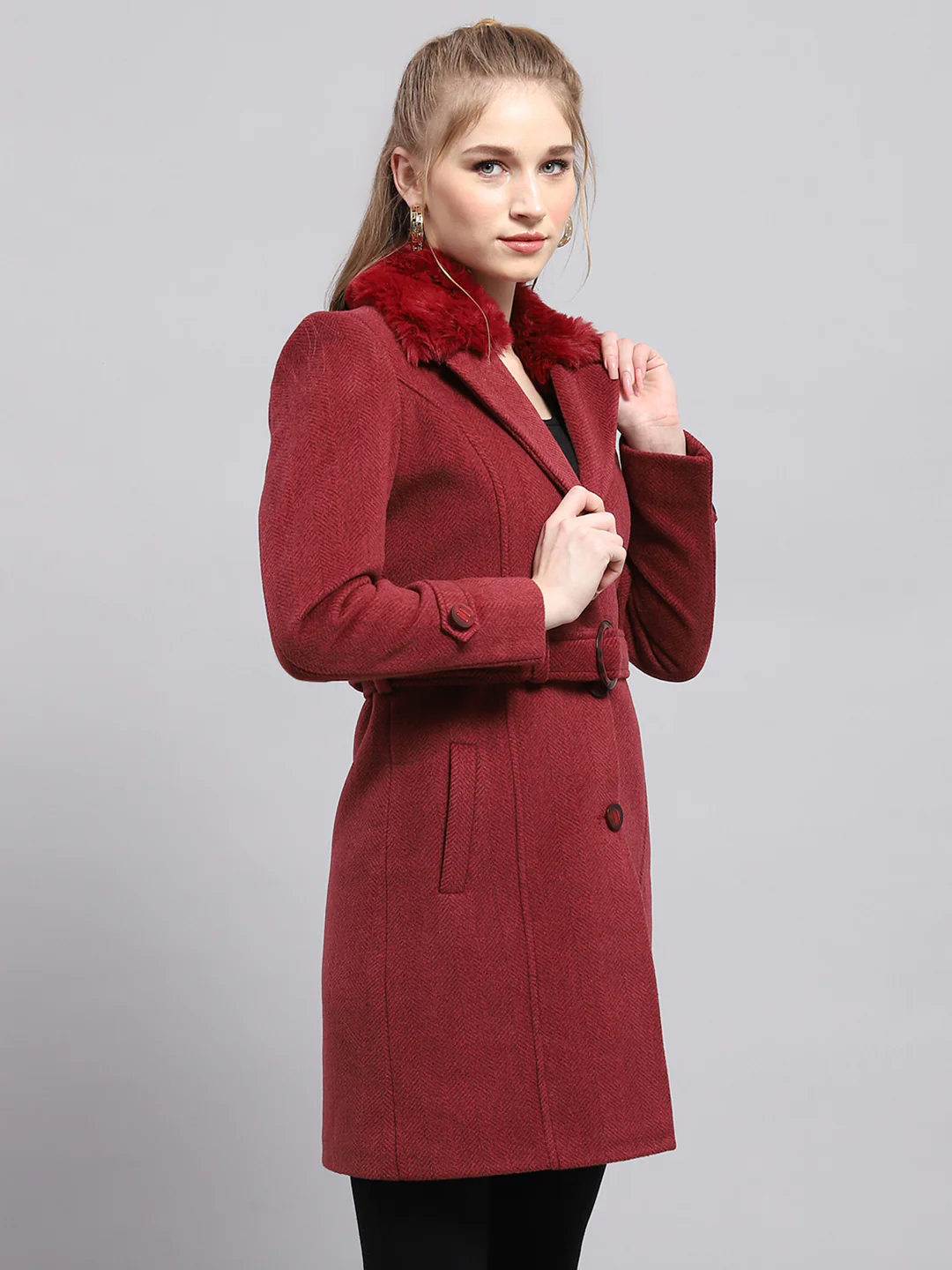Women Maroon Self Design Collar Full Sleeve Coat - Image 4