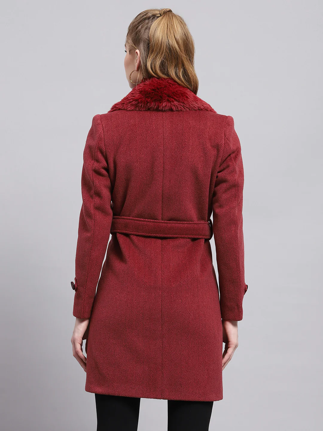 Women Maroon Self Design Collar Full Sleeve Coat - Image 5