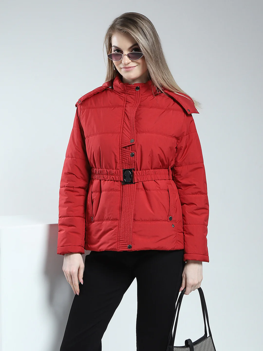 Women Maroon Self Design Detachable Hood Full Sleeve Jacket - Image 6