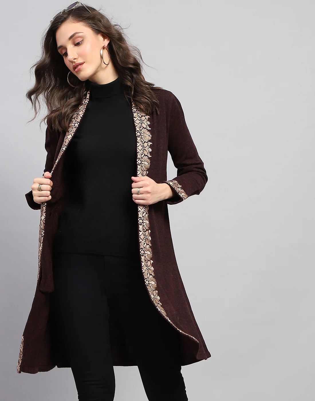 Women Maroon Self Design Front Open Full Sleeve Cardigan - Image 2