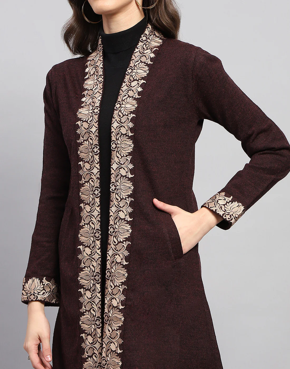 Women Maroon Self Design Front Open Full Sleeve Cardigan - Image 7