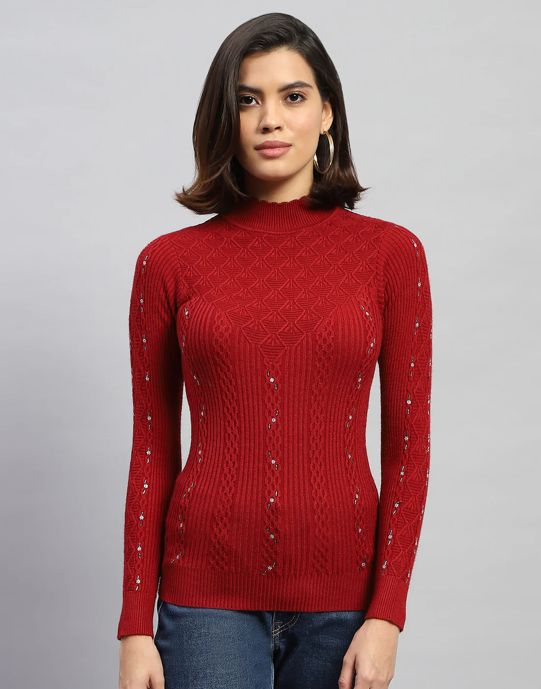 Women Maroon Self Design High Neck Full Sleeve Sceavy - Image 2