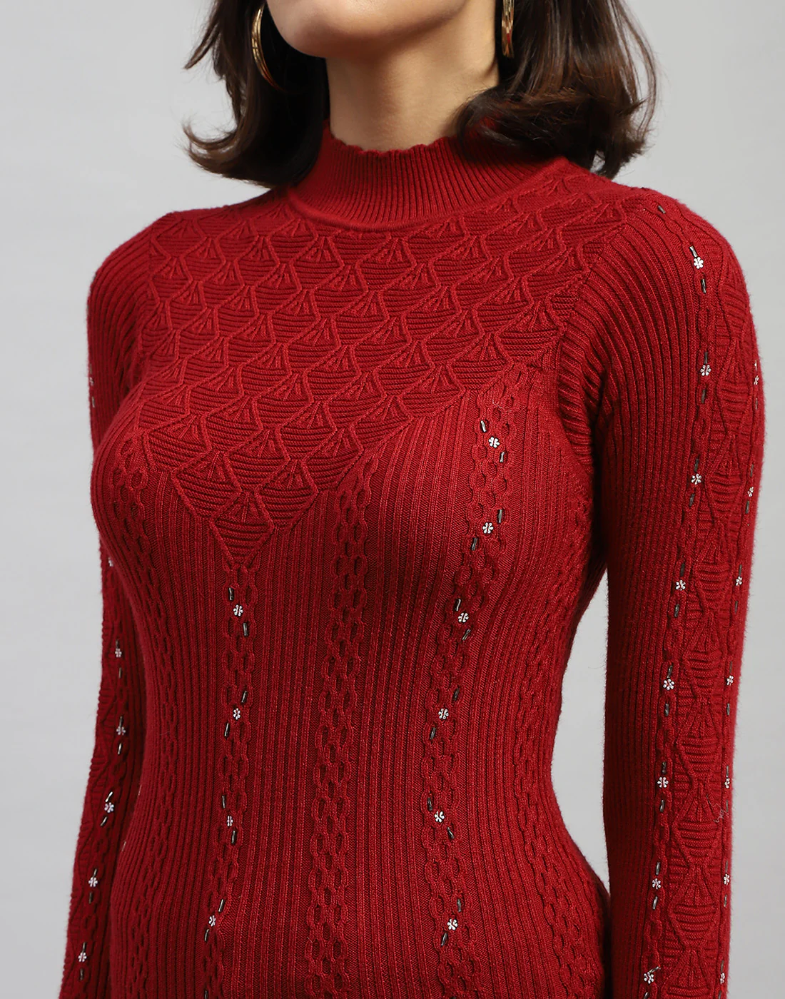 Women Maroon Self Design High Neck Full Sleeve Sceavy - Image 7