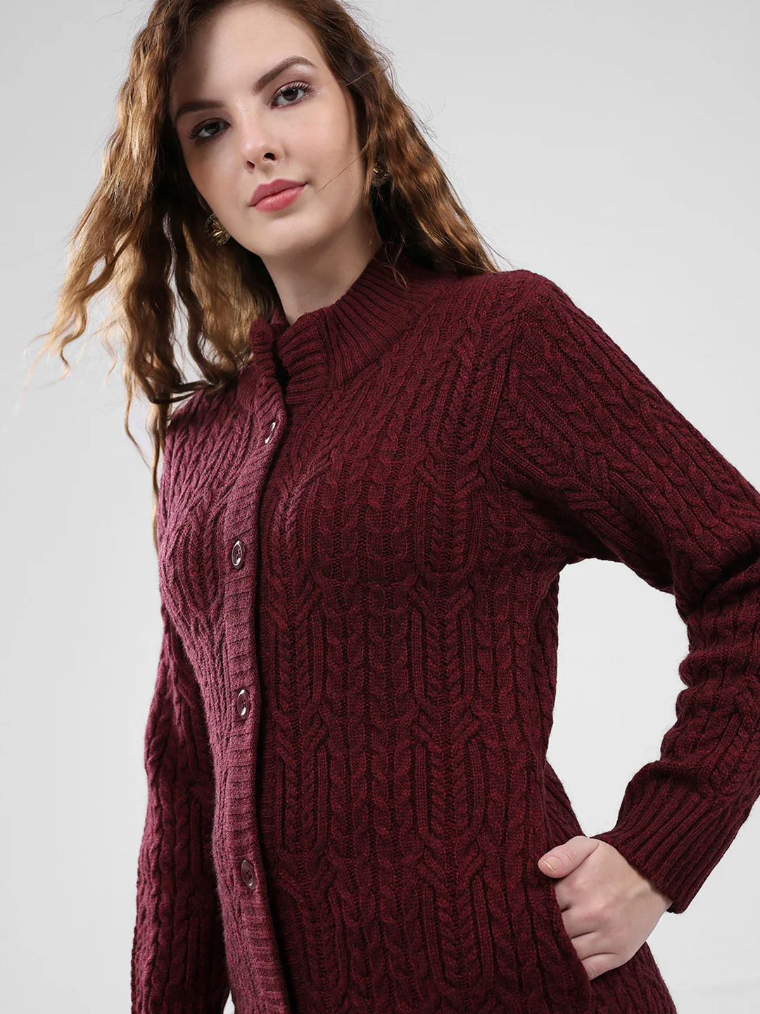 Women Maroon Self Design Mock Neck Full Sleeve Cardigan - Image 6