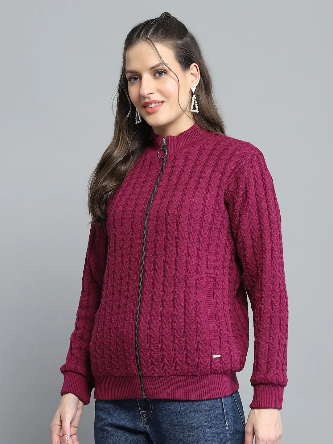 Women Maroon Self Design Mock Neck Full Sleeve Jacket - Image 3