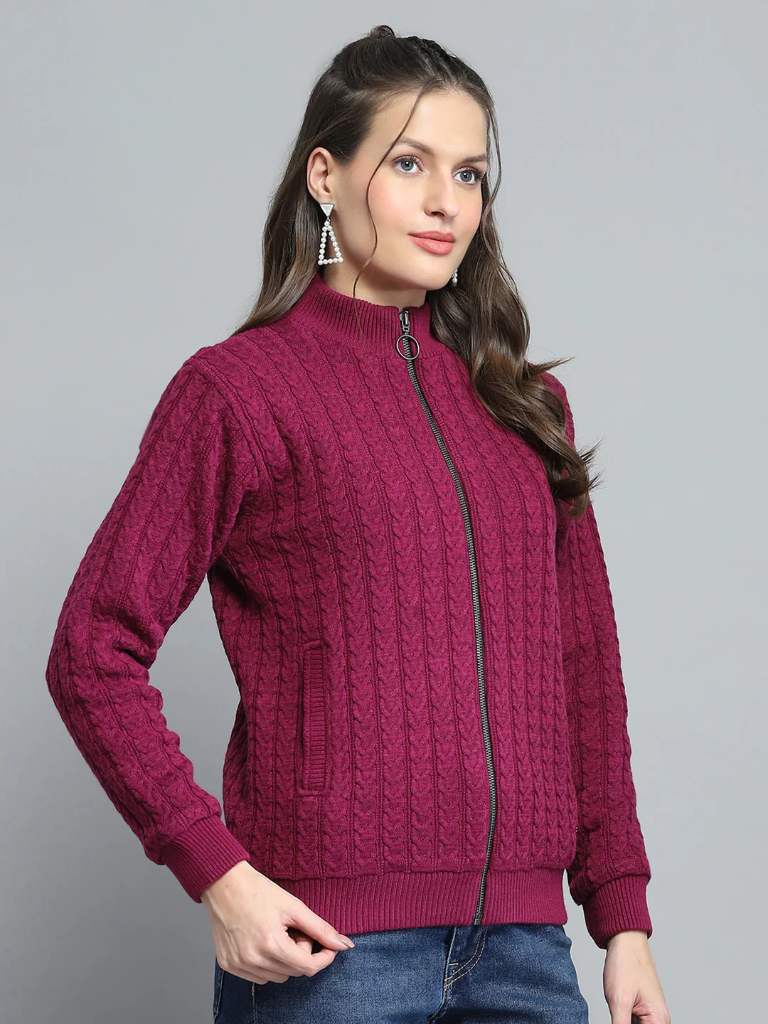 Women Maroon Self Design Mock Neck Full Sleeve Jacket - Image 4