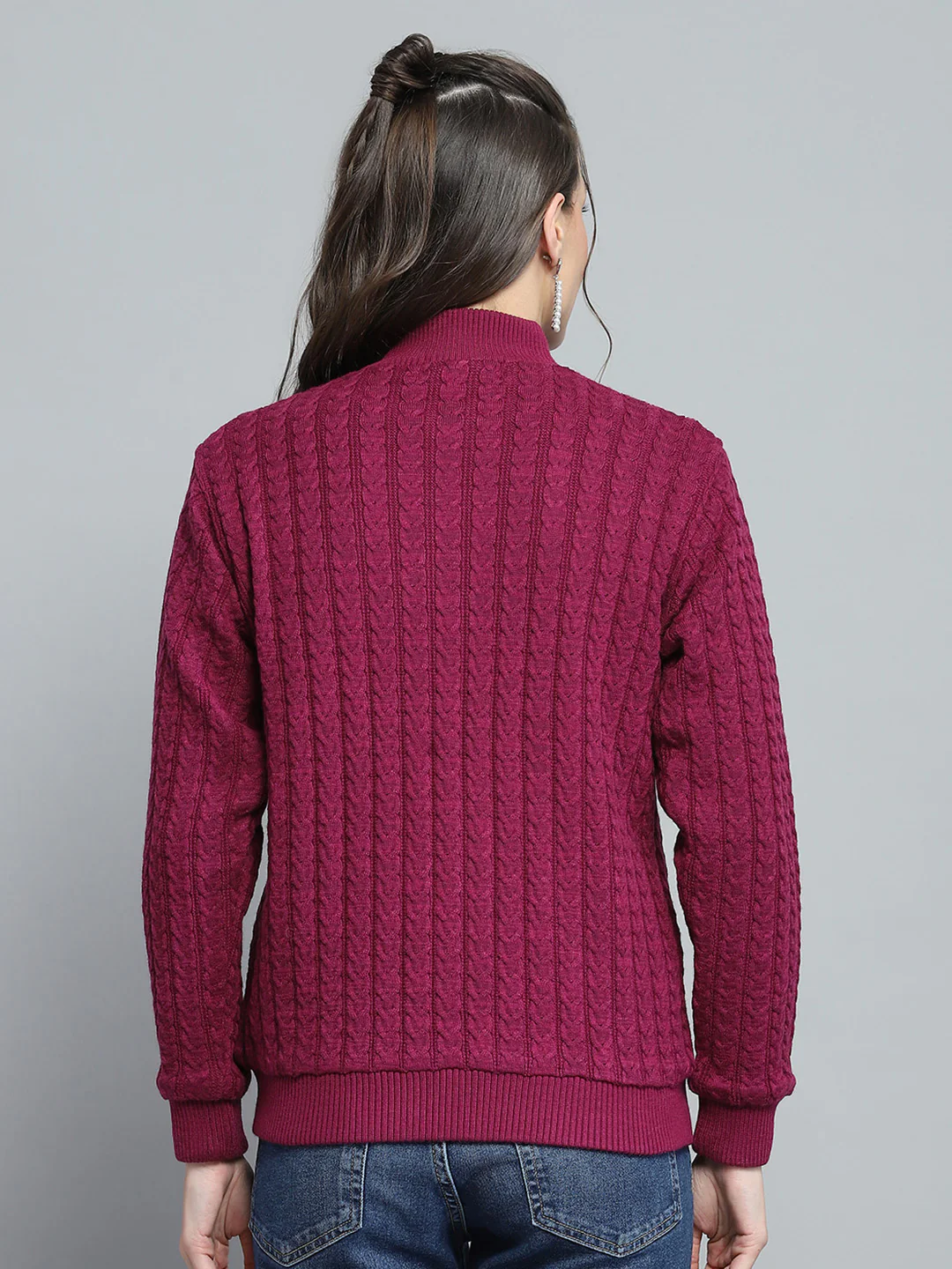 Women Maroon Self Design Mock Neck Full Sleeve Jacket - Image 5