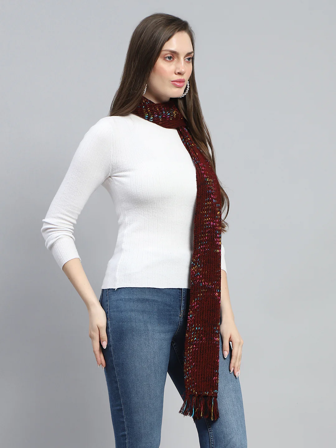 Women Maroon Self Design Muffler - Image 4