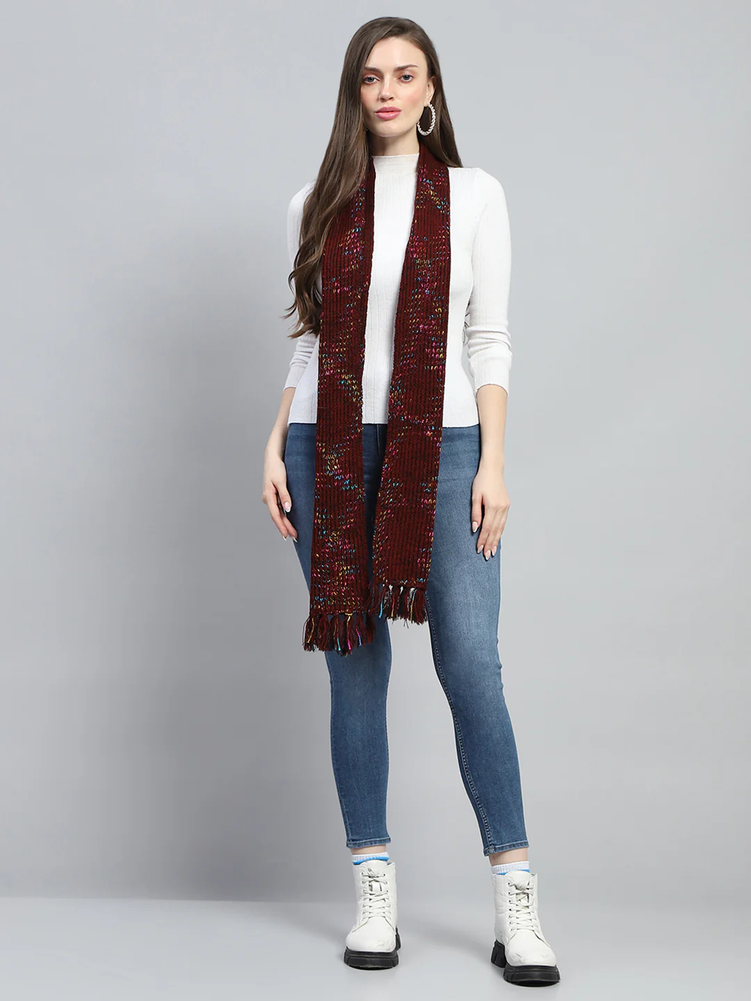Women Maroon Self Design Muffler - Image 5