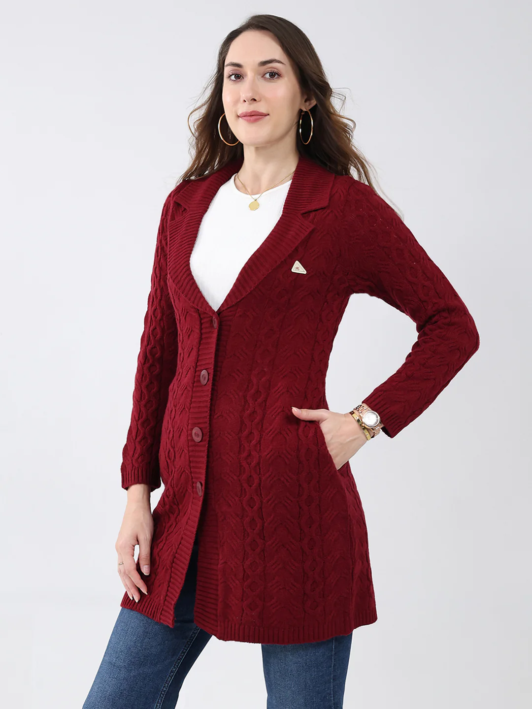 Women Maroon Self Design Notch Lapel Collar Full Sleeve Cardigan - Image 3