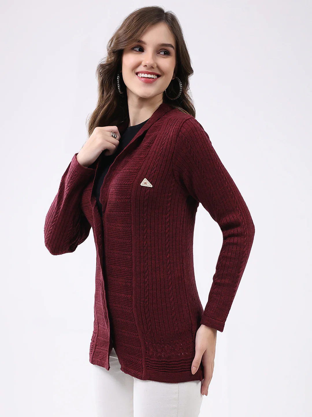 Women Maroon Self Design Notch Lapel Collar Full Sleeve Cardigan - Image 3