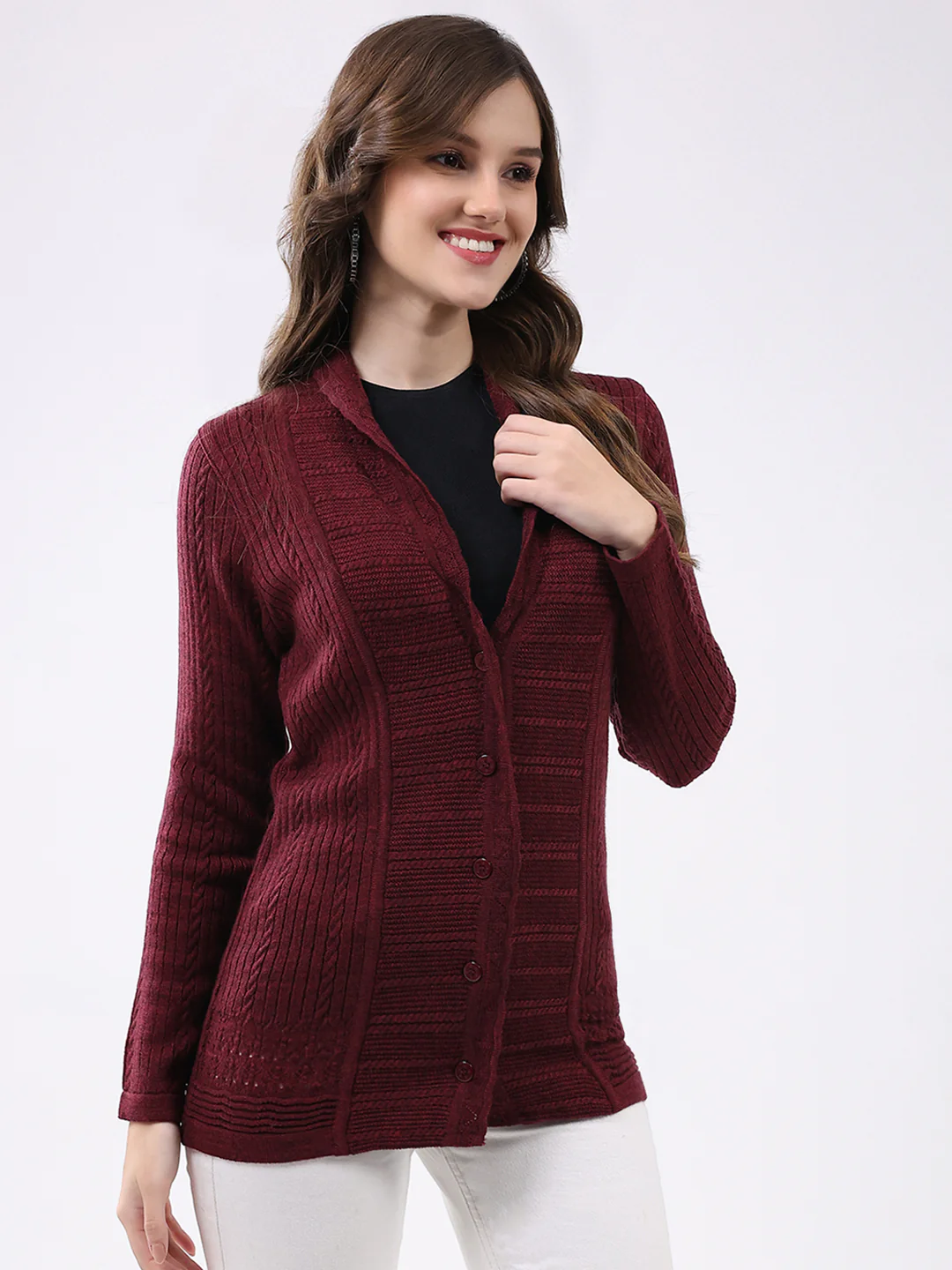 Women Maroon Self Design Notch Lapel Collar Full Sleeve Cardigan - Image 4