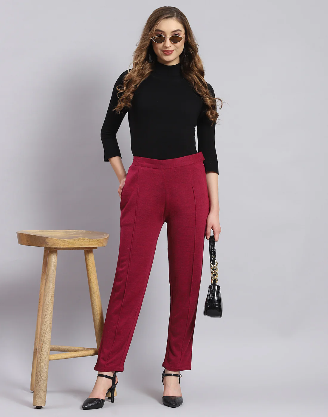Women Maroon Self Design Regular Fit Winter Lower - Image 2