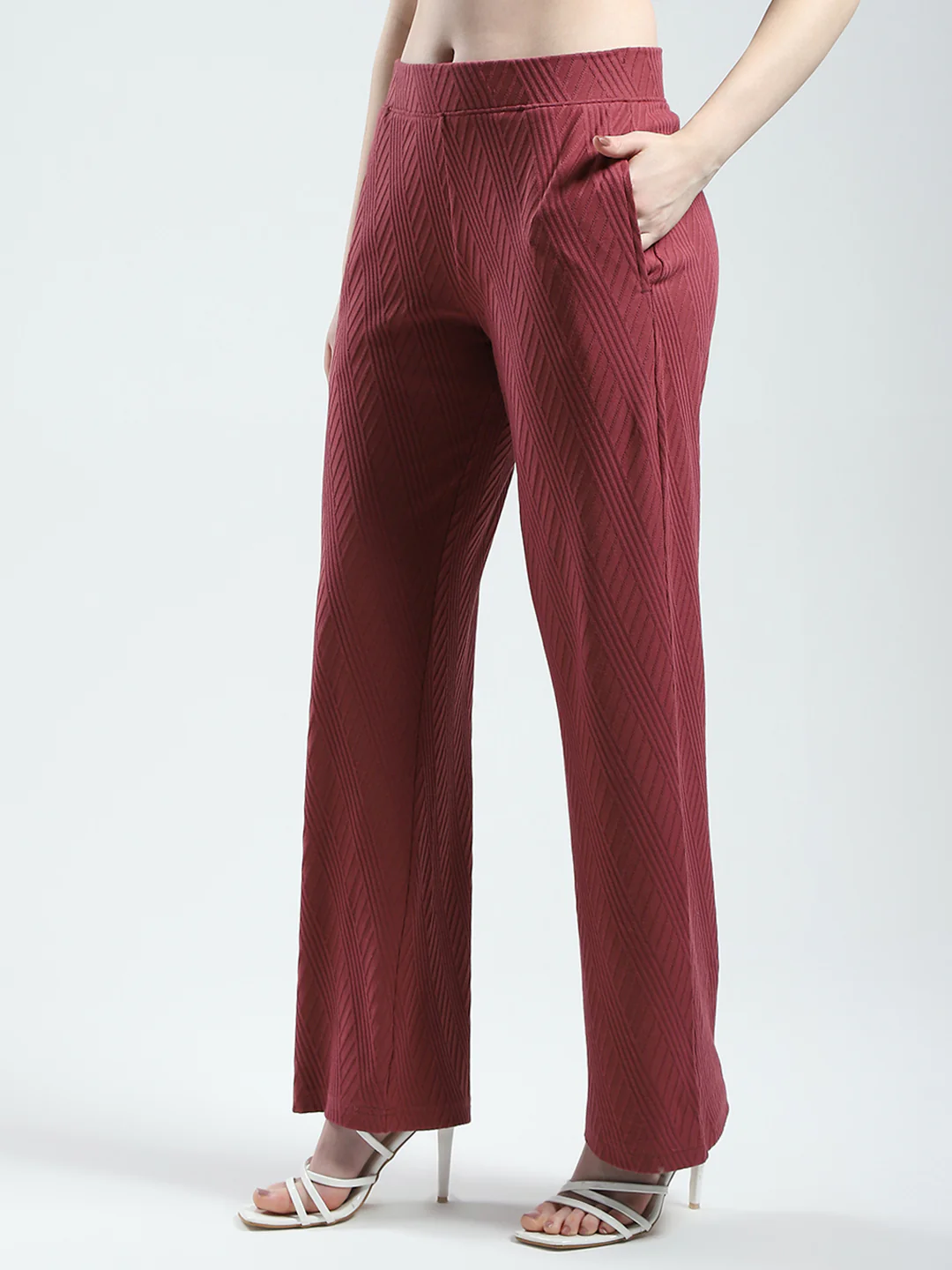 Women Maroon Self Design Regular Fit Lower - Image 3