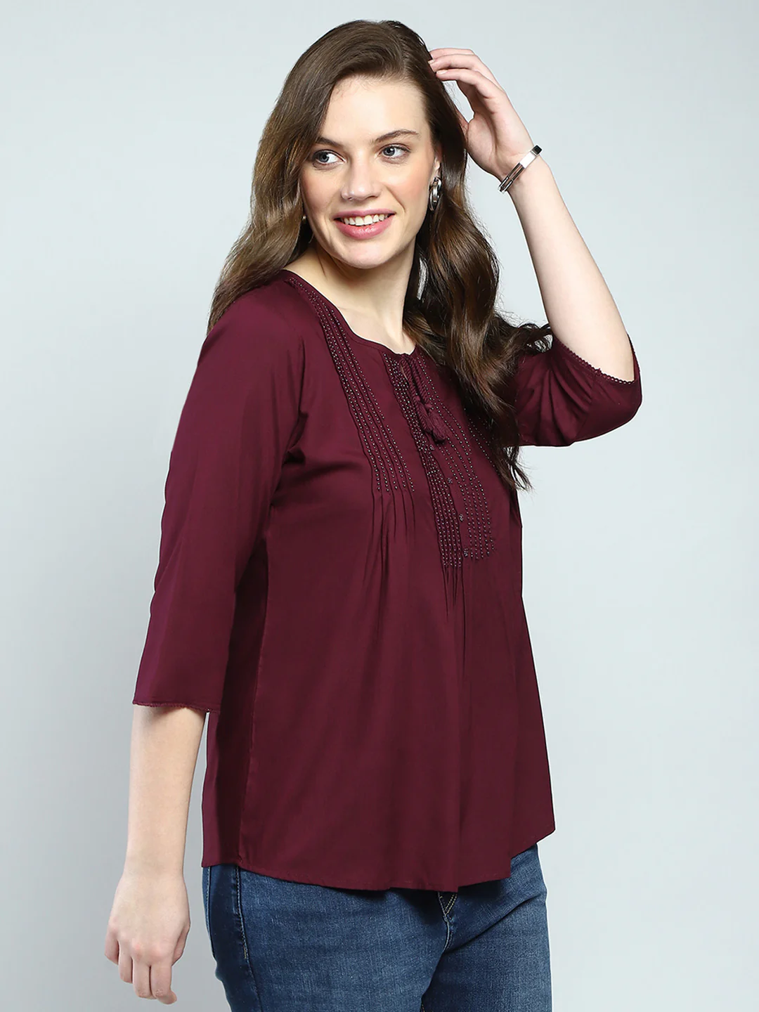 Women Maroon Self Design Round Neck 3/4th Sleeve Top - Image 4