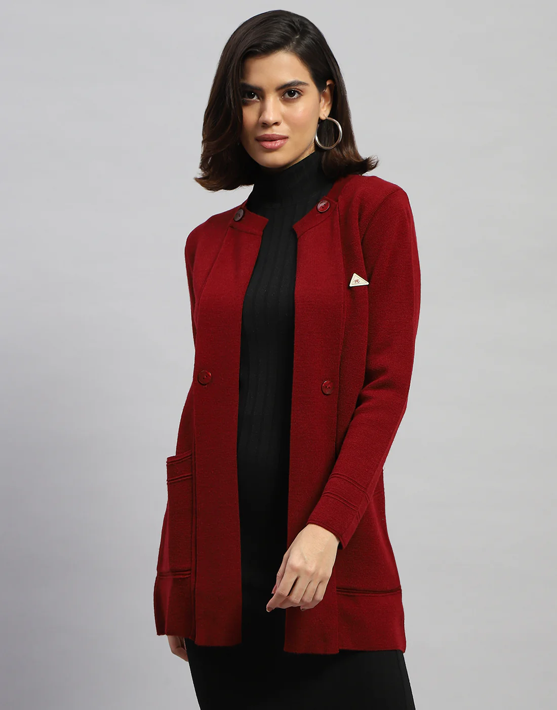 Women Maroon Self Design Round Neck Full Sleeve Cardigan - Image 2