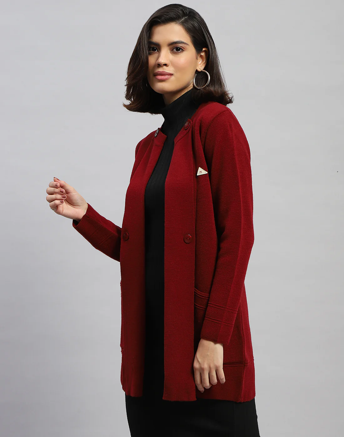 Women Maroon Self Design Round Neck Full Sleeve Cardigan - Image 3