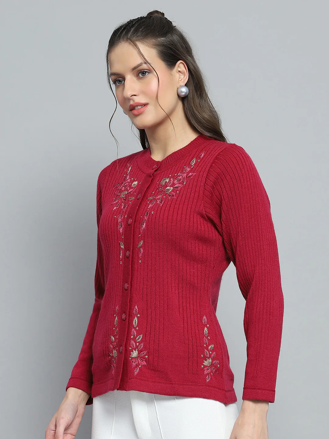 Women Maroon Self Design Round Neck Full Sleeve Cardigan - Image 3