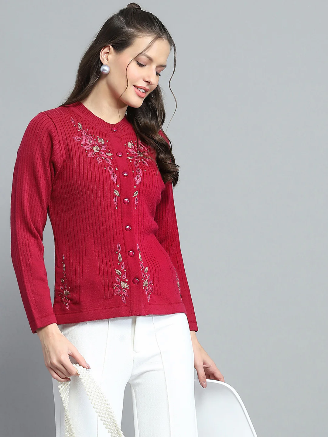 Women Maroon Self Design Round Neck Full Sleeve Cardigan - Image 6