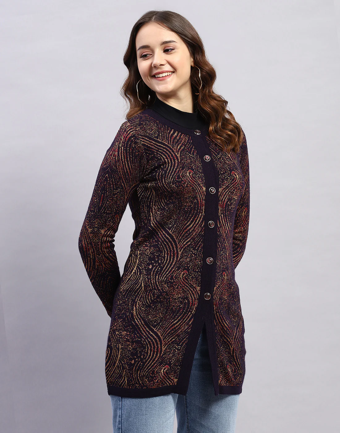 Women Maroon Self Design Round Neck Full Sleeve Cardigan - Image 5