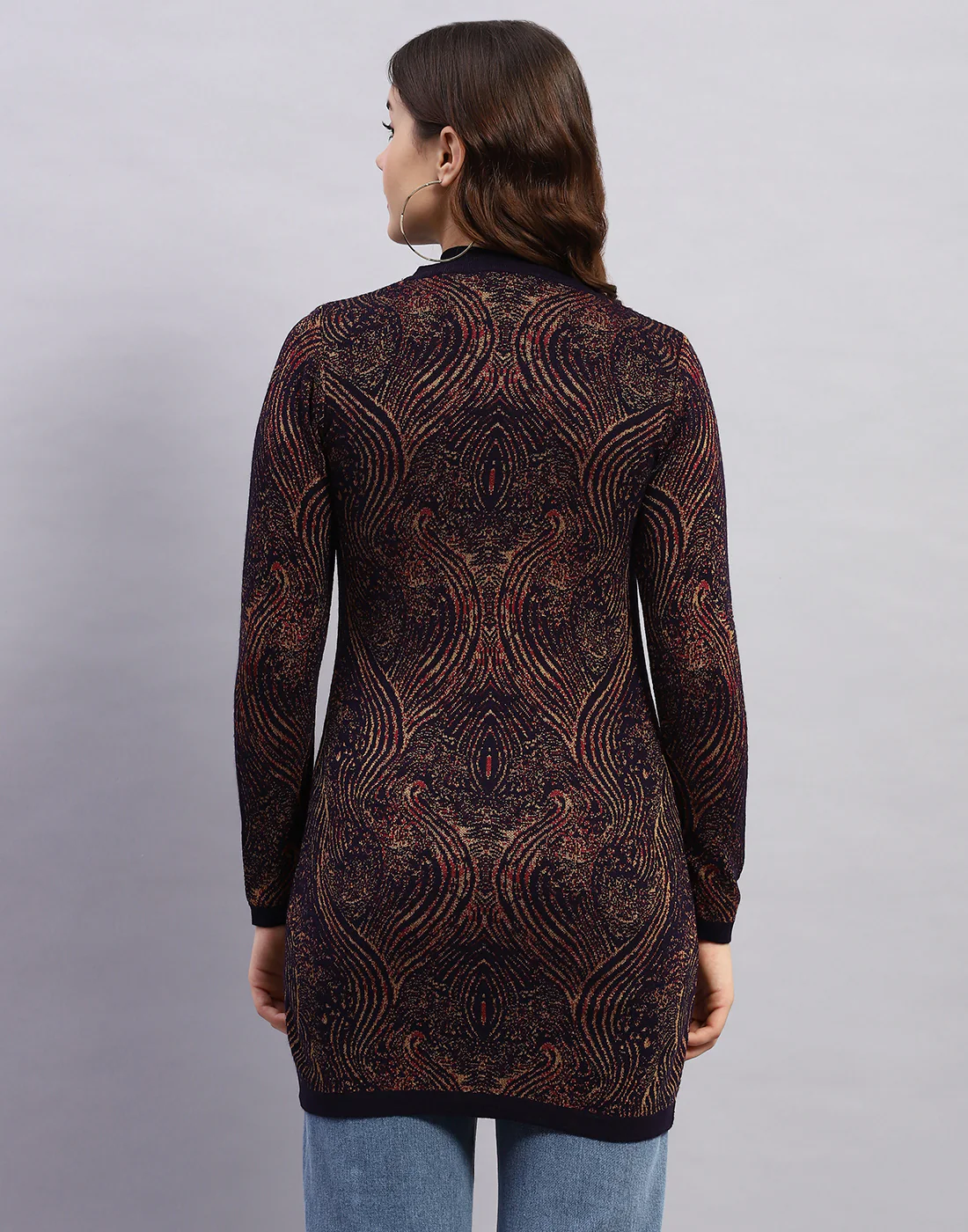 Women Maroon Self Design Round Neck Full Sleeve Cardigan - Image 6