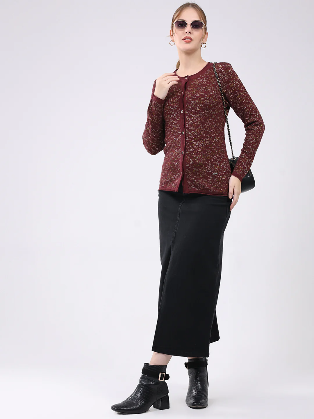Women Maroon Self Design Round Neck Full Sleeve Cardigan - Image 2
