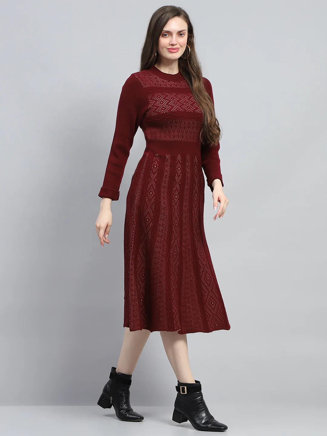 Women Maroon Self Design Round Neck Full Sleeve Dress - Image 4