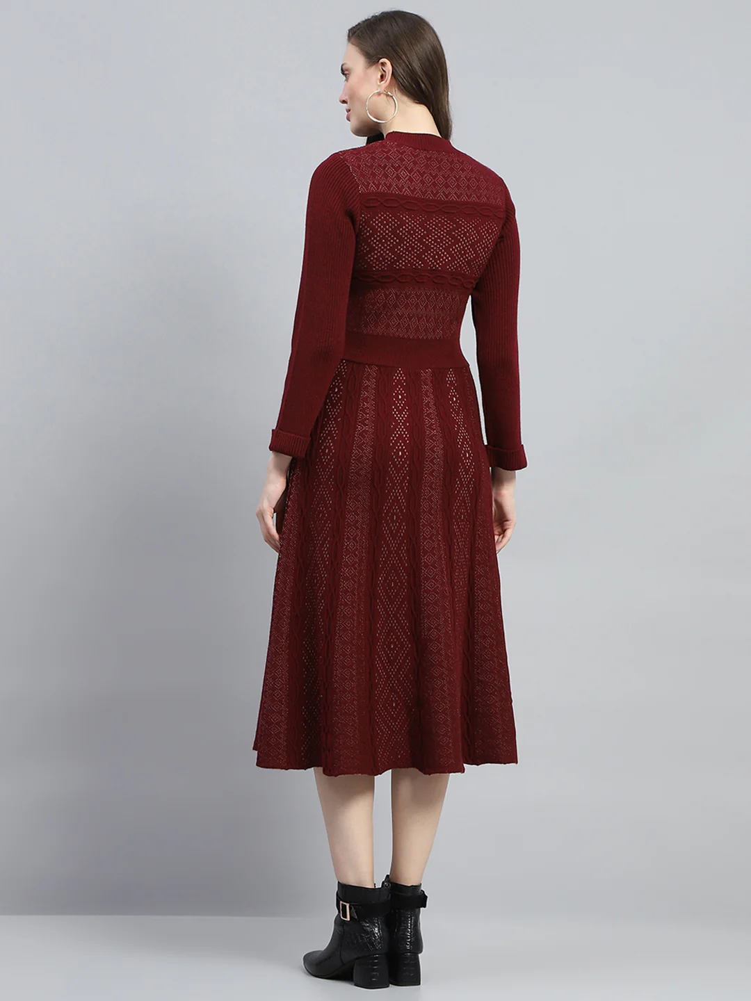 Women Maroon Self Design Round Neck Full Sleeve Dress - Image 5