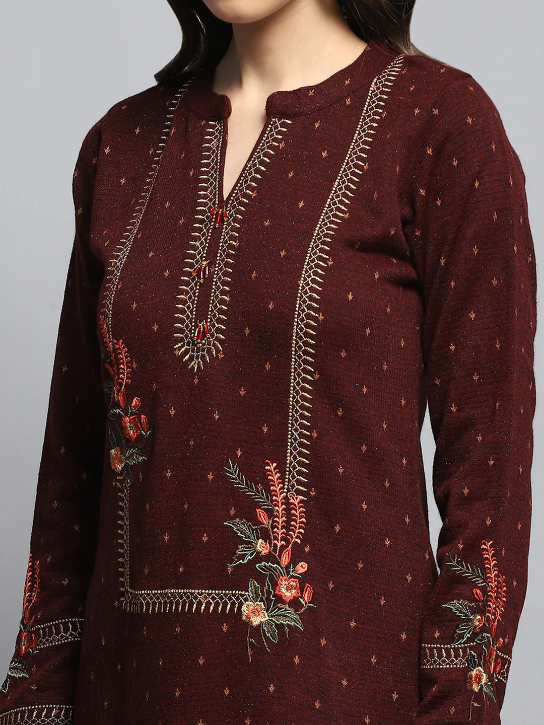 Women Maroon Self Design Round Neck Full Sleeve Kurti Set - Image 6