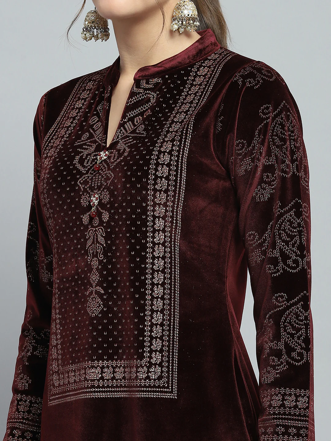 Women Maroon Self Design Round Neck Full Sleeve Kurti Set for Winter - Image 6