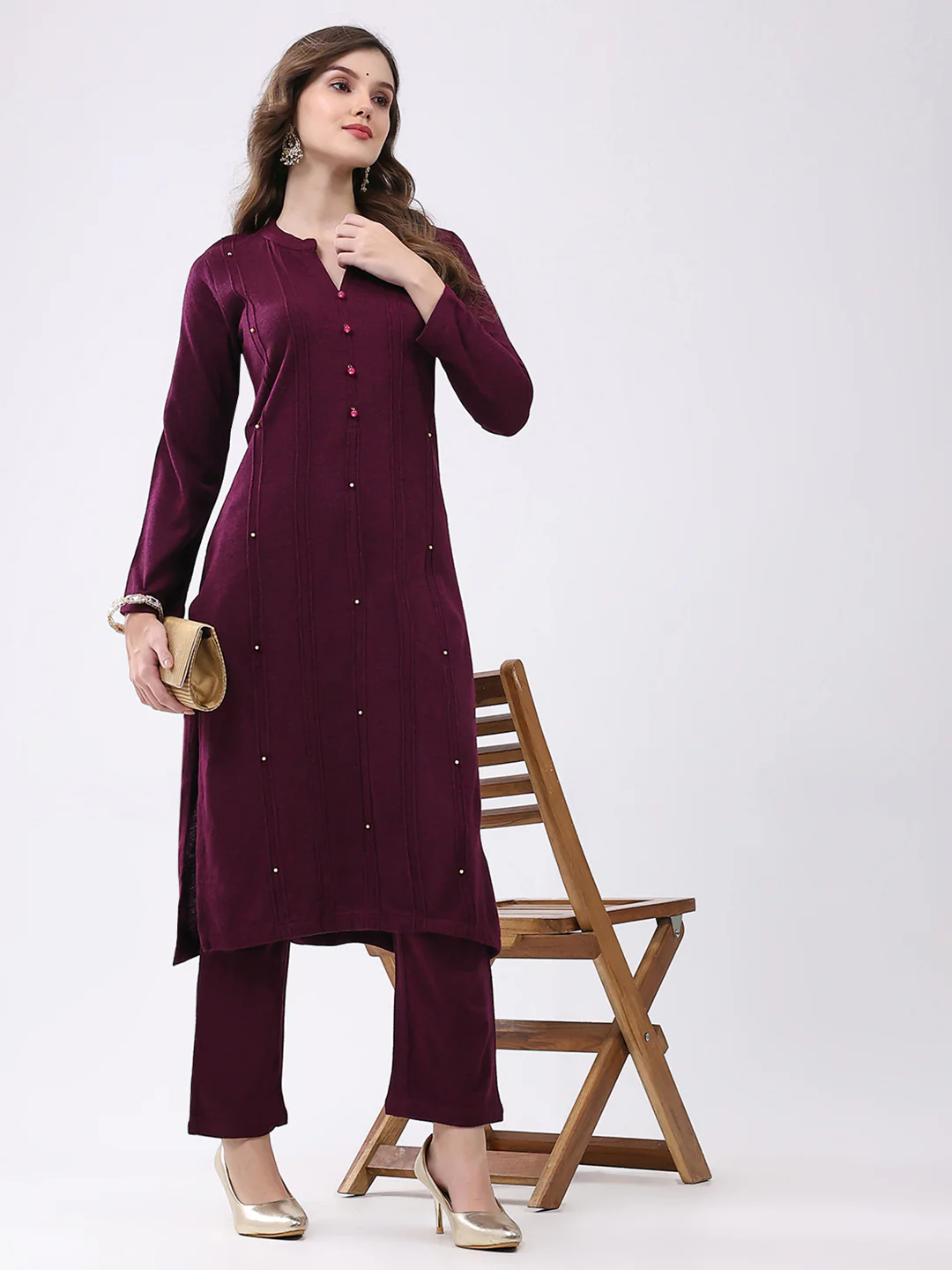 Women Maroon Self Design Round Neck Full Sleeve Kurti Set for Winter - Image 2