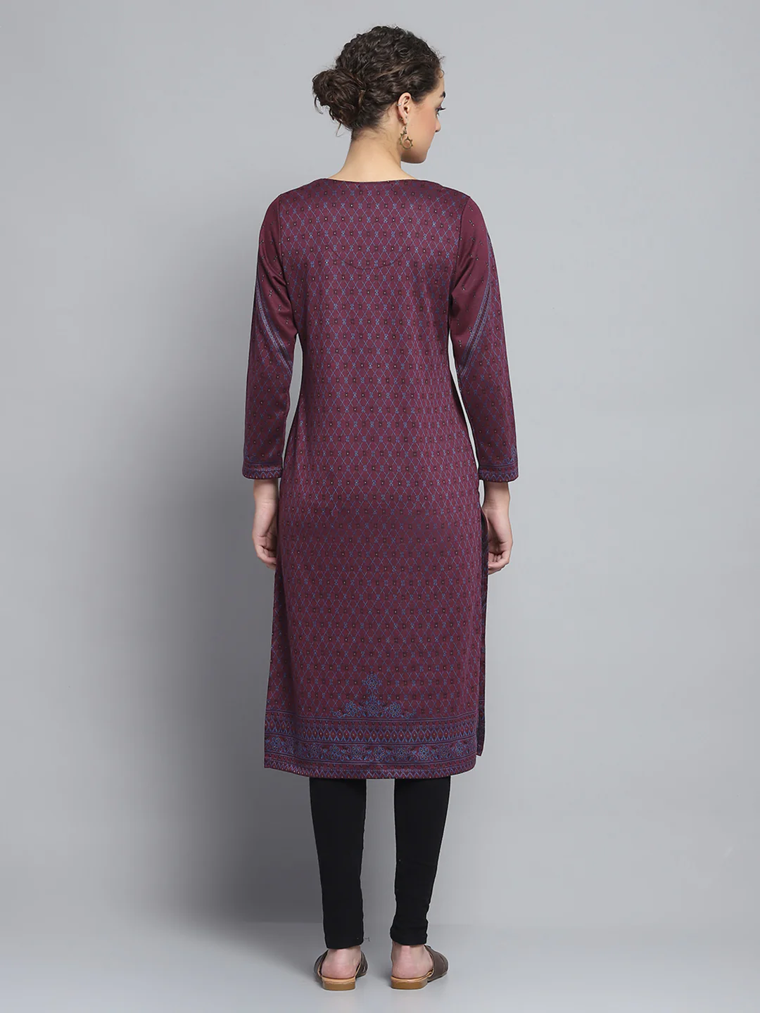 Women Maroon Self Design Round Neck Full Sleeve Winter Kurti - Image 5