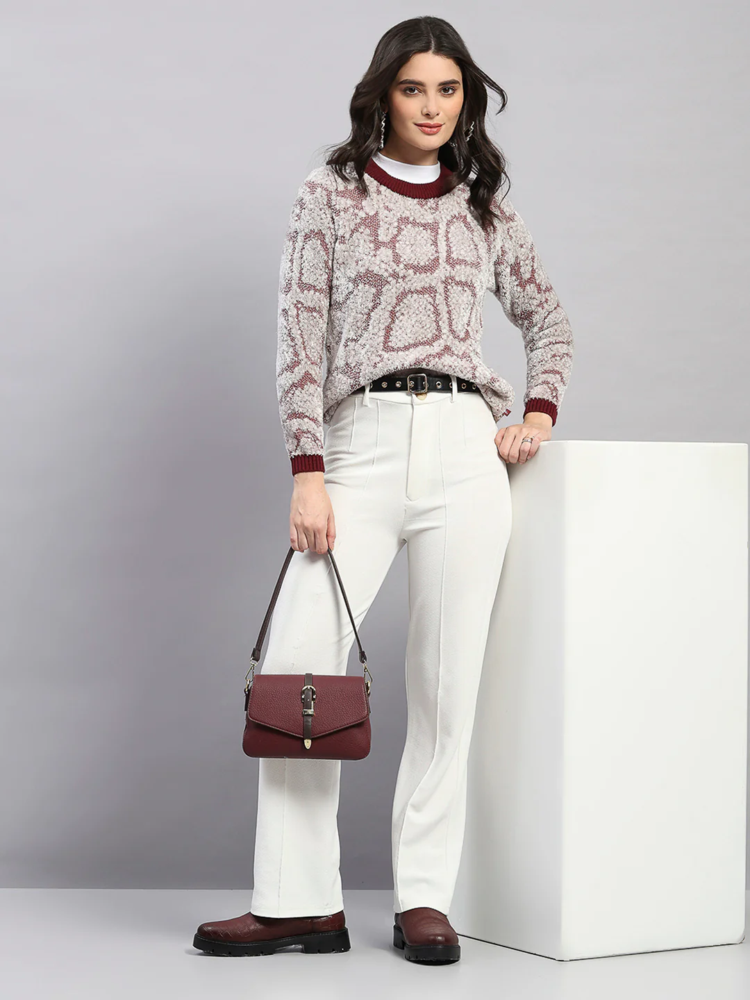 Women Maroon Self Design Round Neck Full Sleeve Winter Top - Image 2