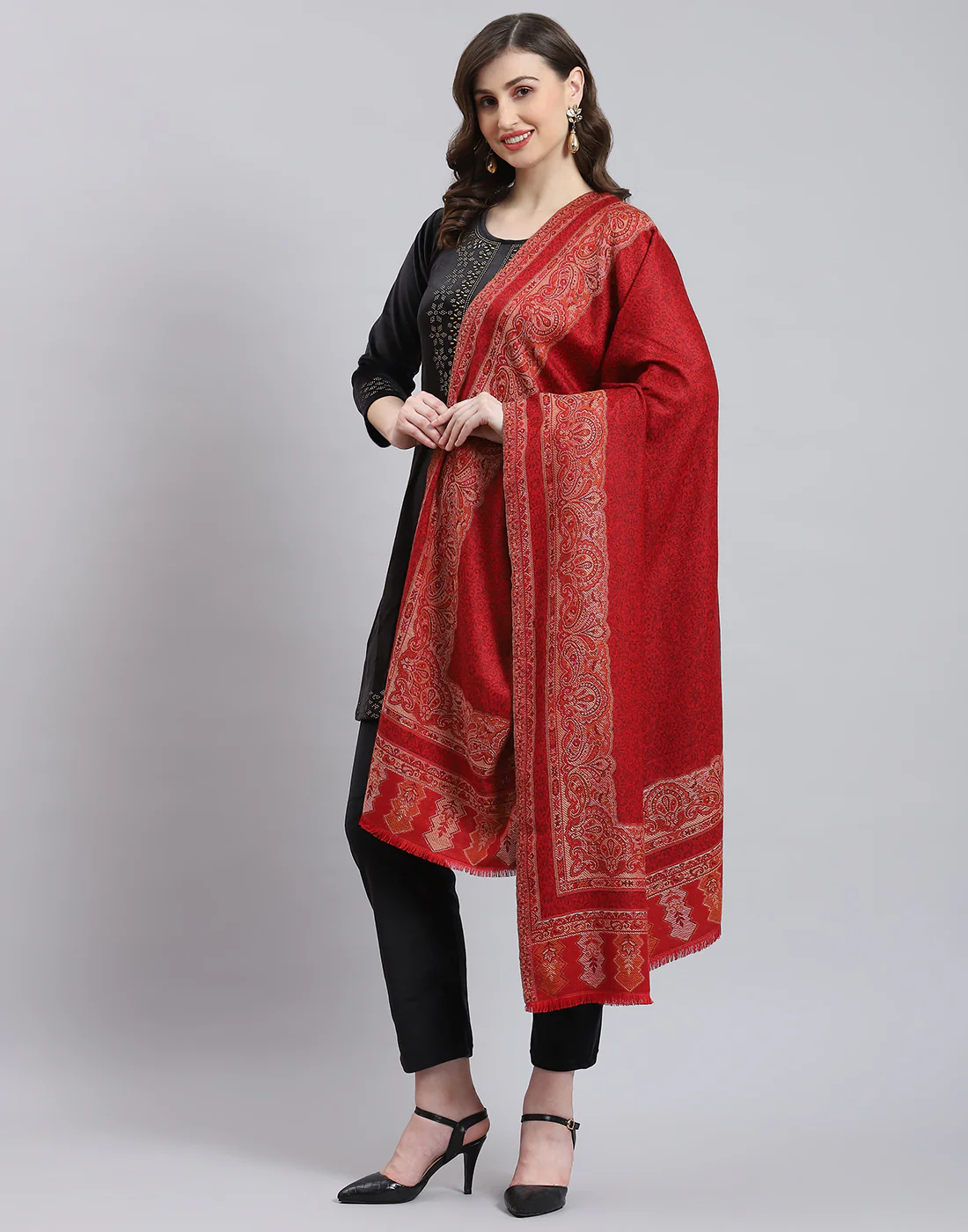 Women Maroon Self Design Shawl - Image 3