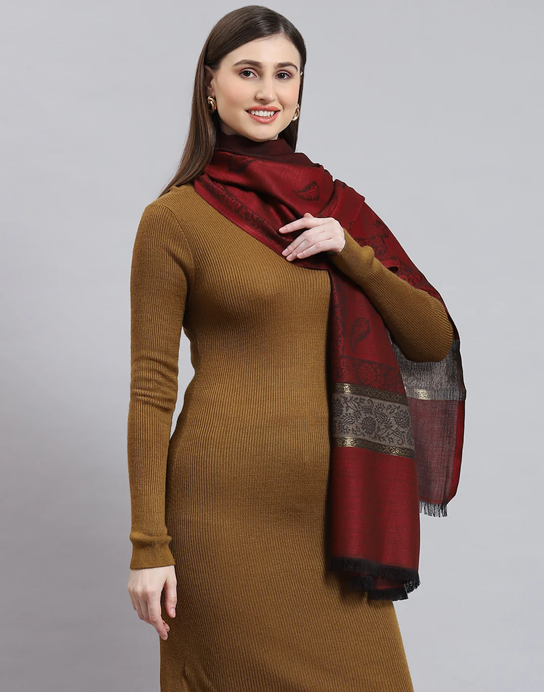 Women Maroon Self Design Shawl - Image 4