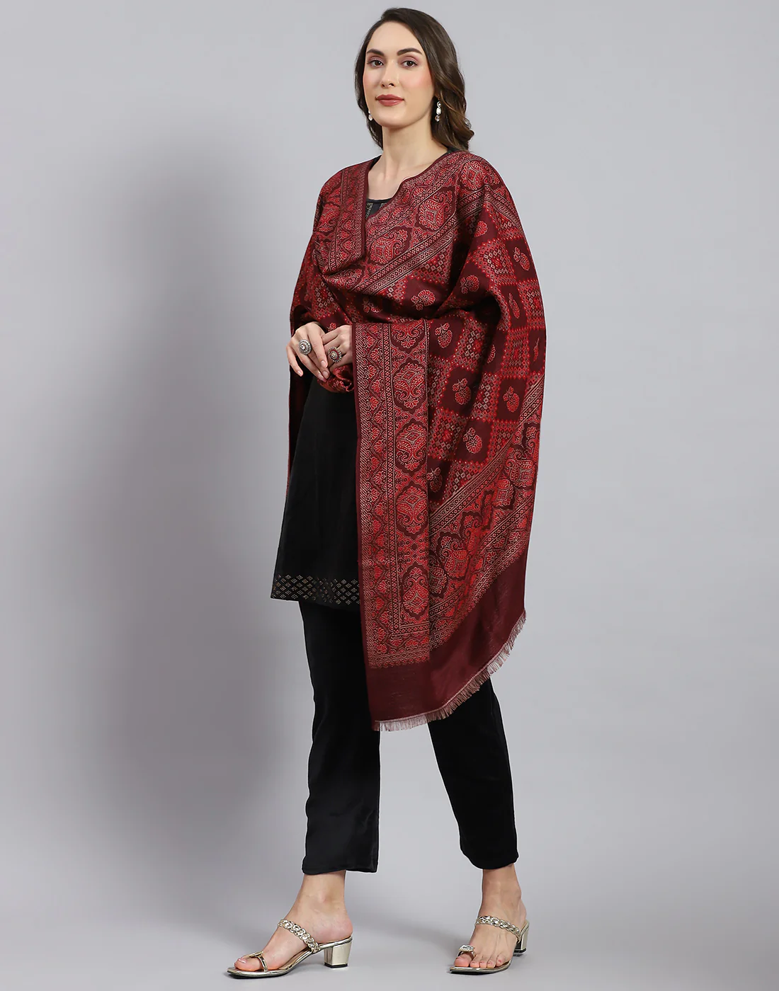 Women Maroon Self Design Shawl - Image 3