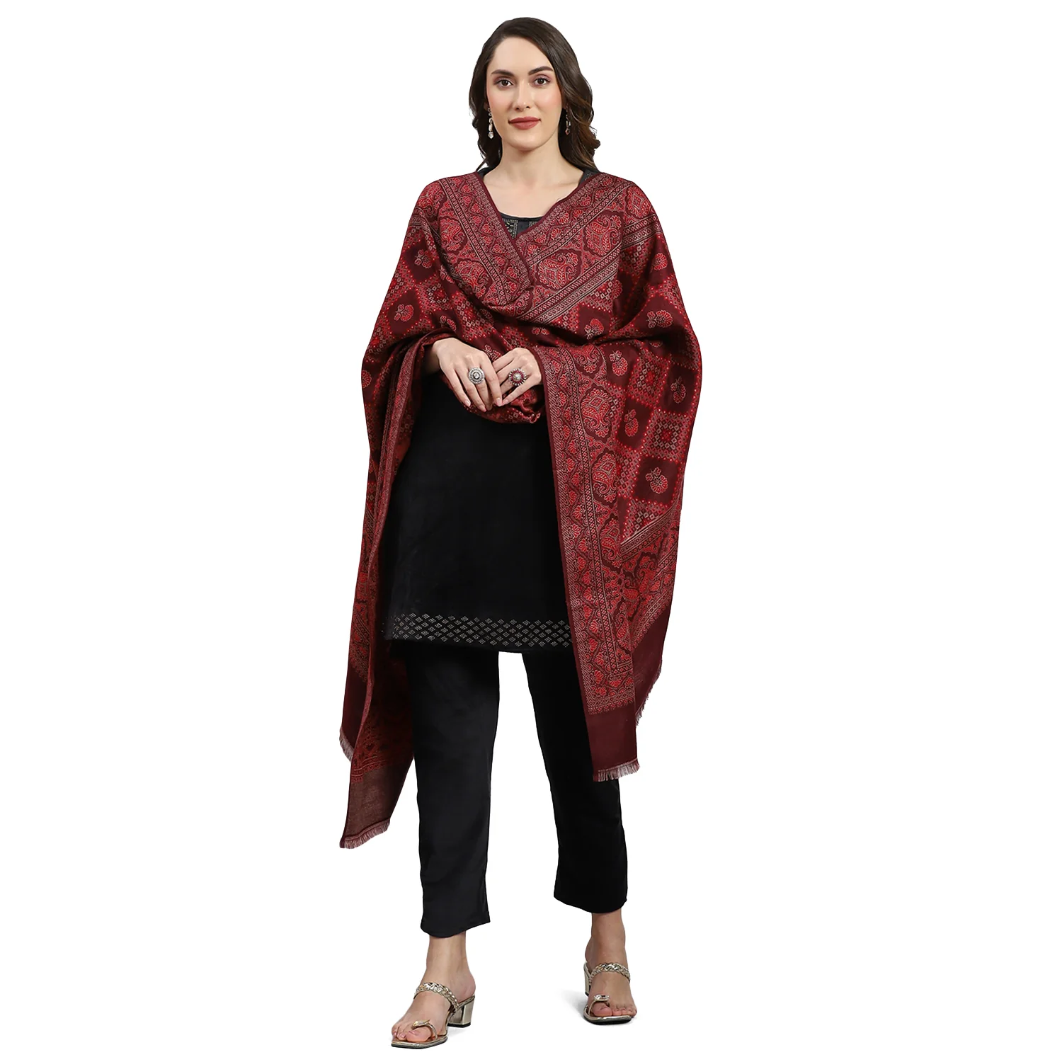 Women Maroon Self Design Shawl - Image 5