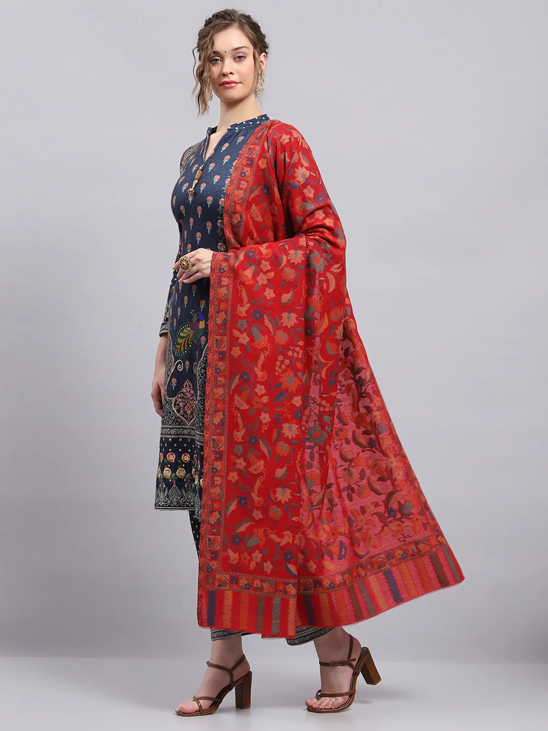 Women Maroon Self Design Shawl - Image 3
