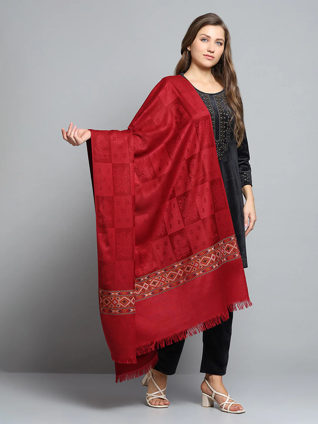 Women Maroon Self Design Shawl - Image 4