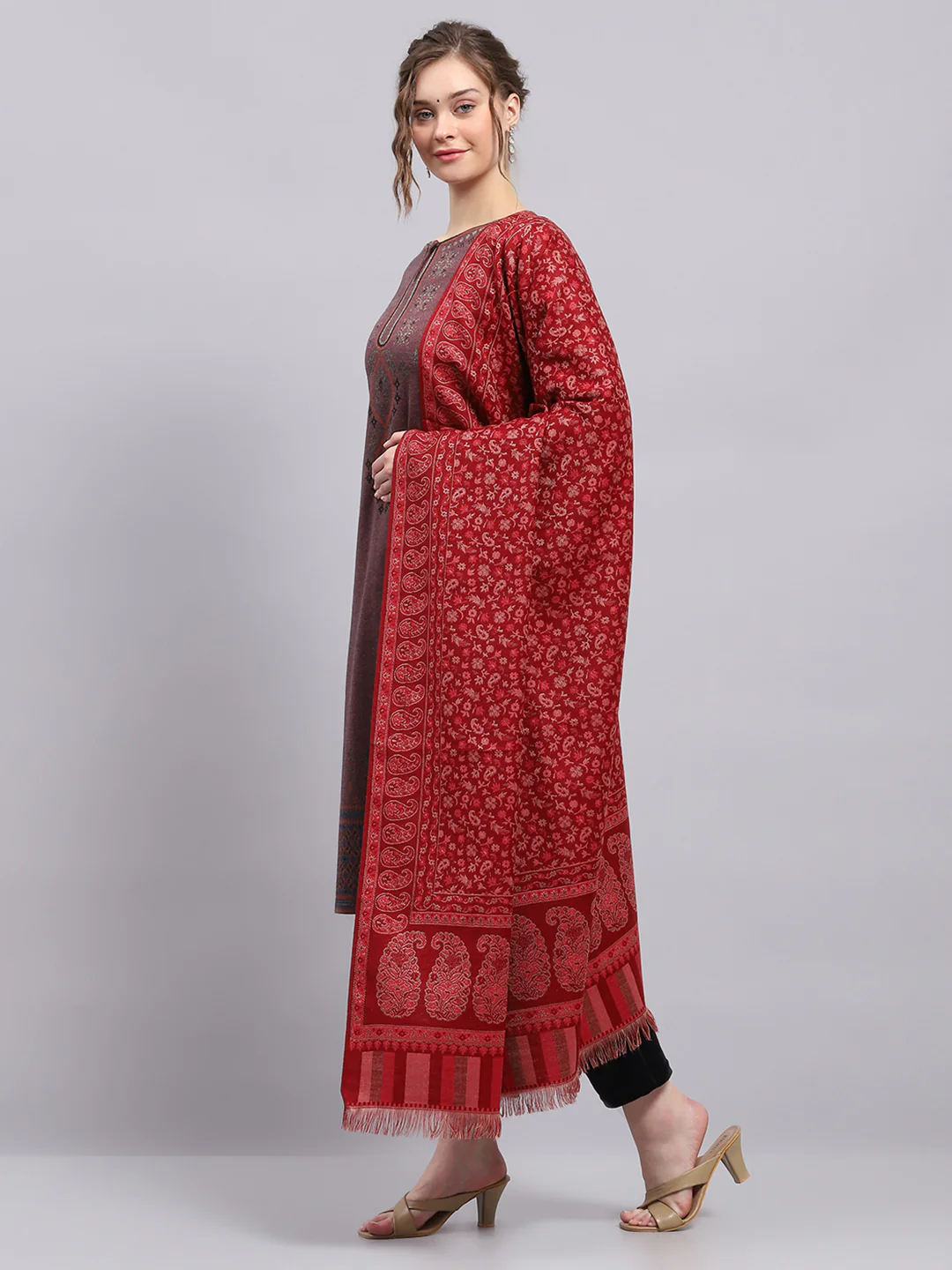 Women Maroon Self Design Shawl - Image 3