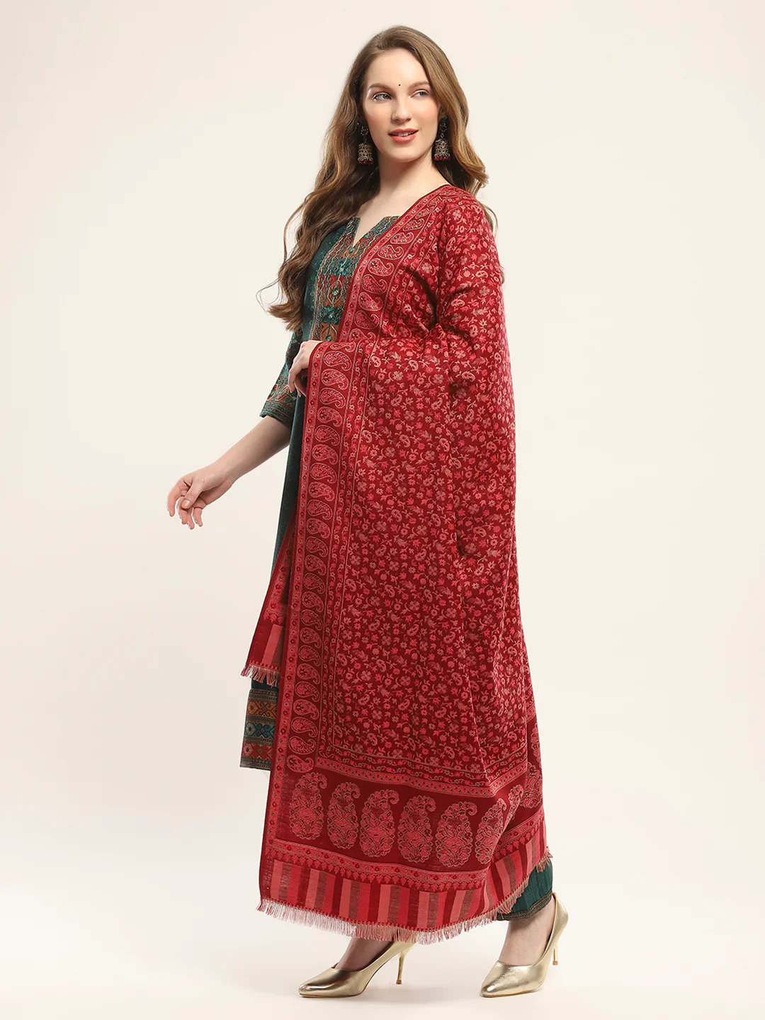 Women Maroon Self Design Shawl - Image 3