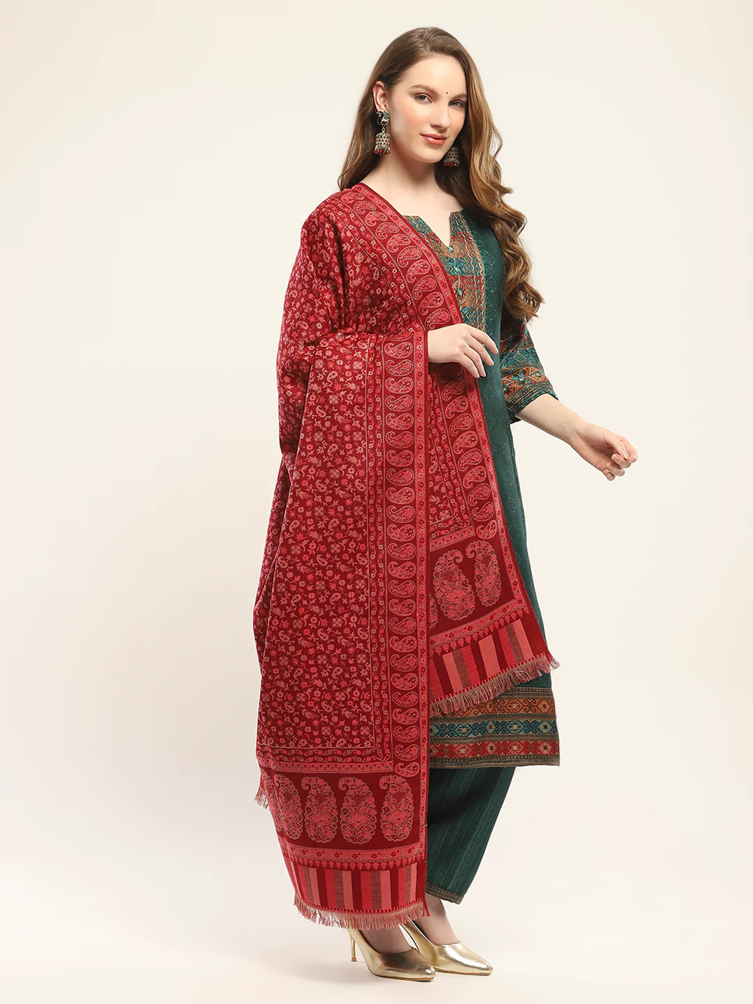Women Maroon Self Design Shawl - Image 4