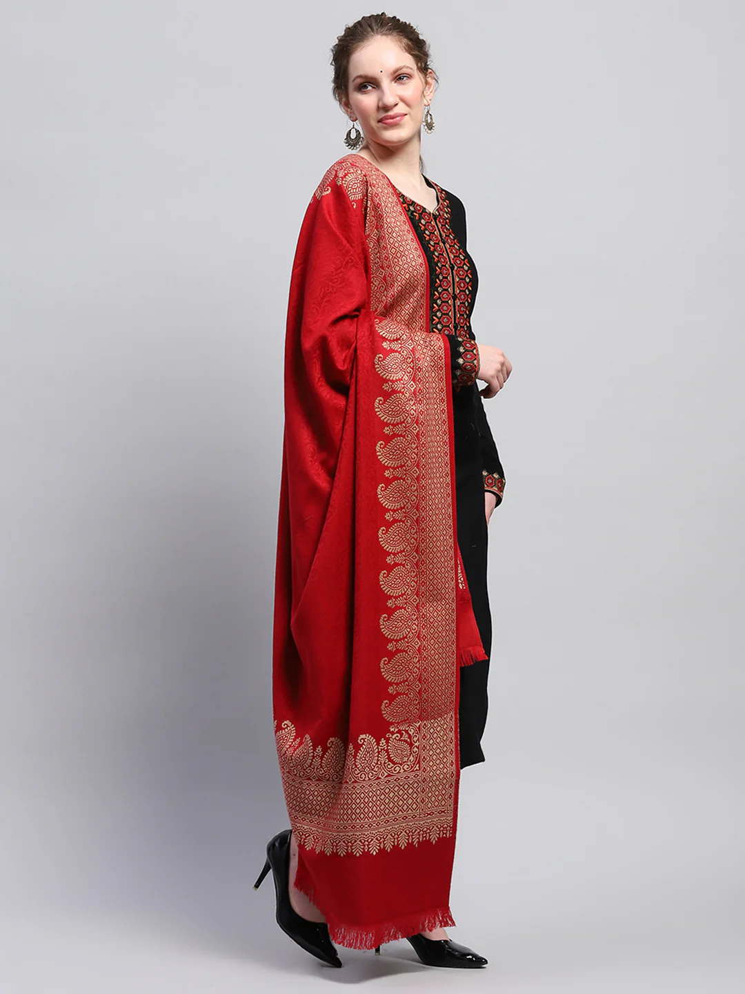 Women Maroon Self Design Shawl - Image 4