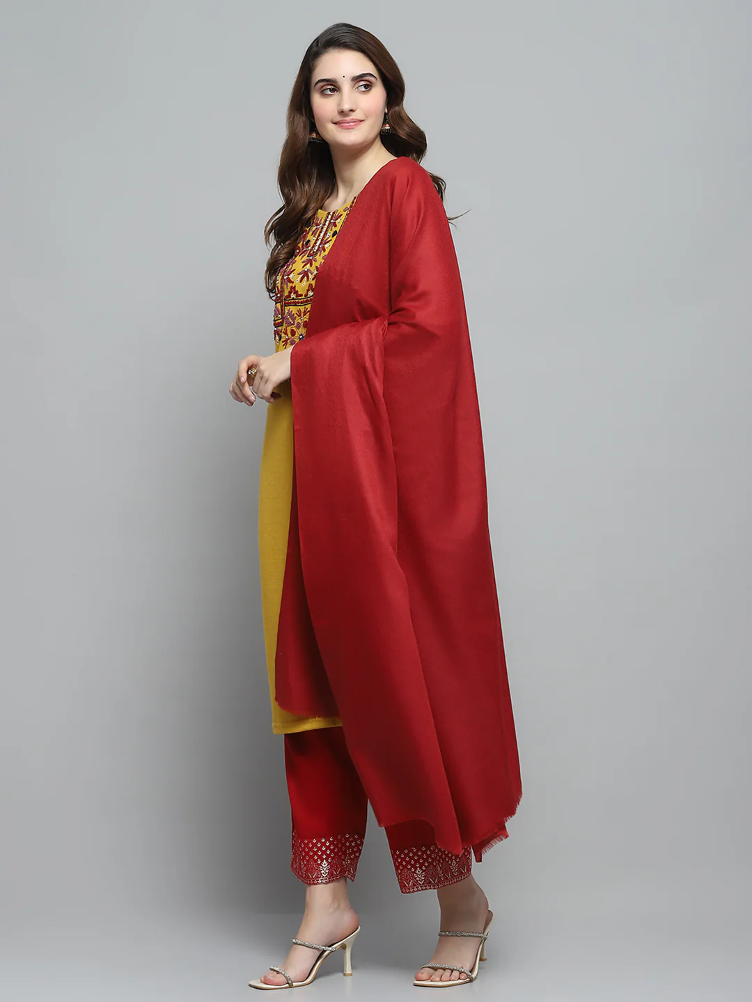 Women Maroon Self Design Shawl - Image 3