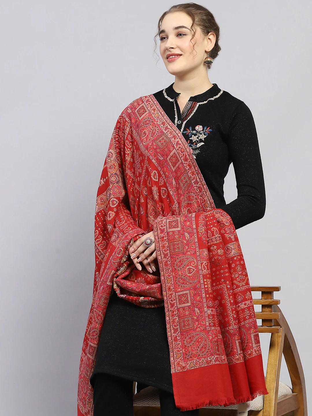 Women Maroon Self Design Shawl - Image 6