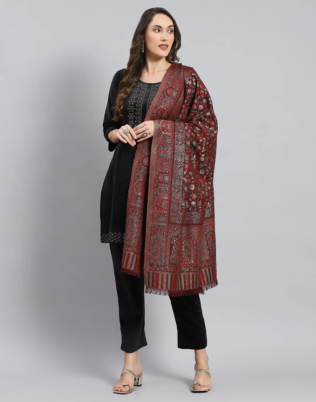 Women Maroon Self Design Stole - Image 2