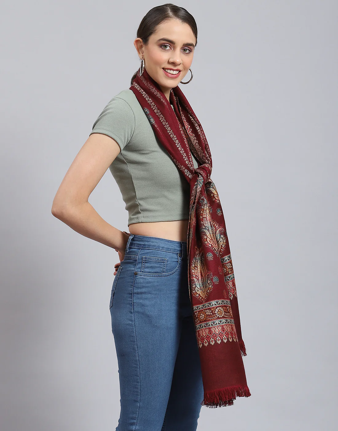 Women Maroon Self Design Stole - Image 4