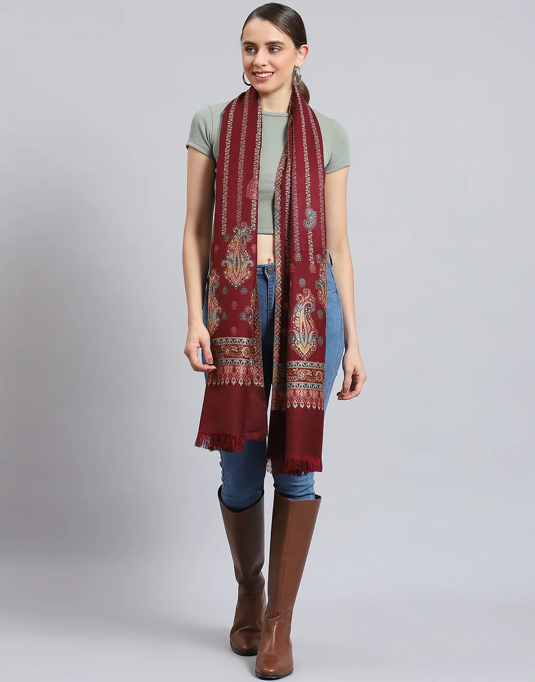 Women Maroon Self Design Stole - Image 6