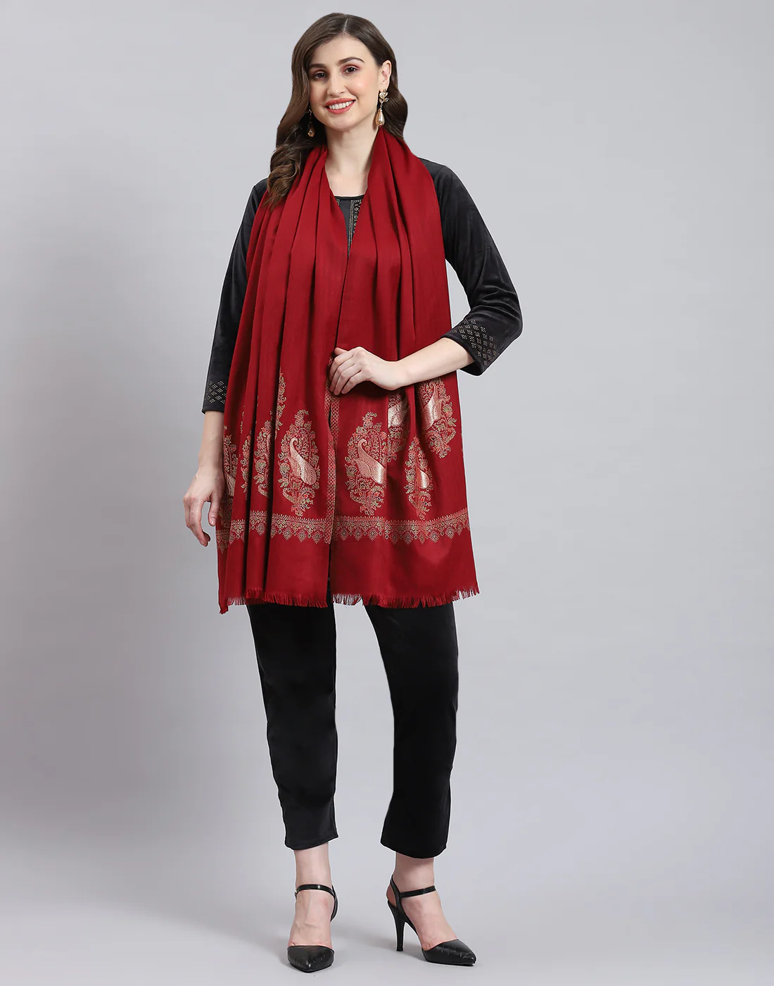 Women Maroon Self Design Stole - Image 2