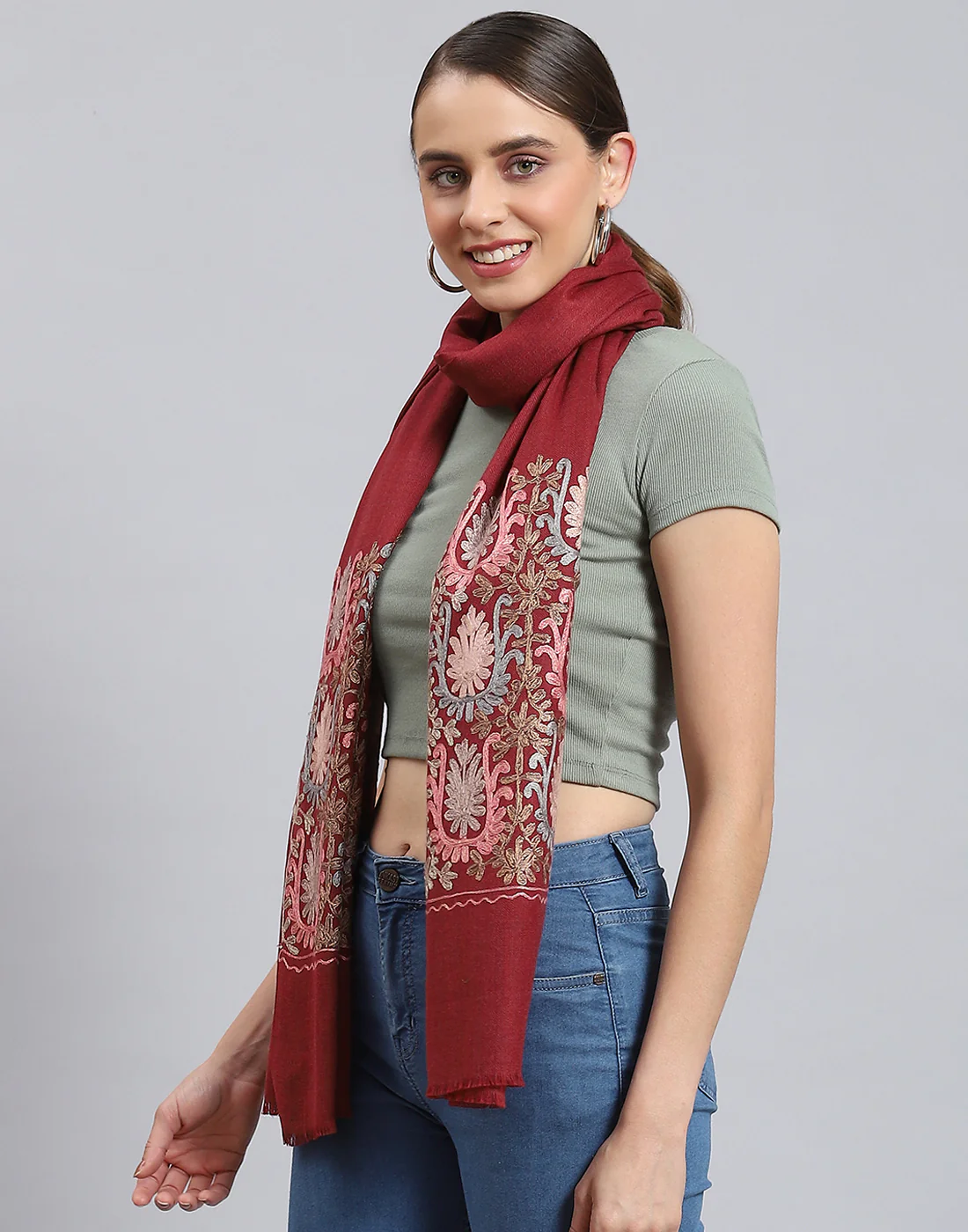 Women Maroon Self Design Stole - Image 4